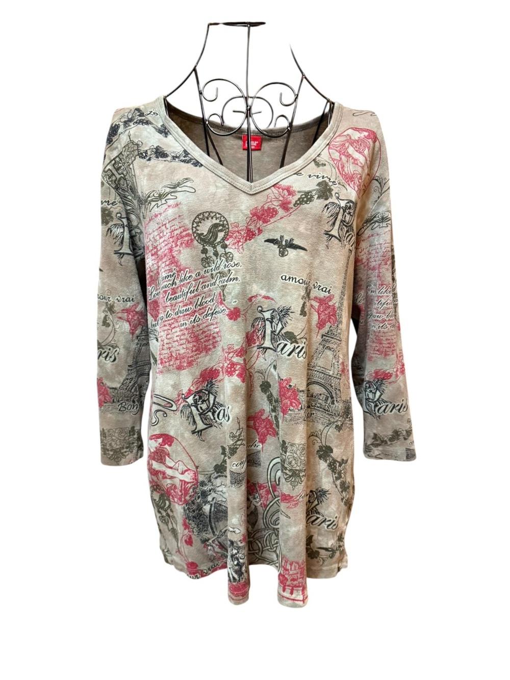 Glima Cotton Vintage Paris Graphic V-Neck Tunic Top - Pink & Taupe Large